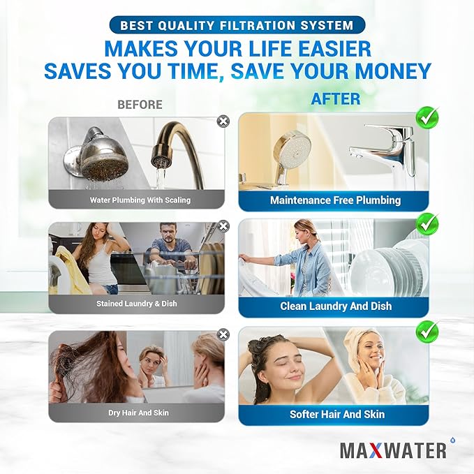 Max Water Whole House Water Filtration System, 3-Stage Pre-Filtration with Sediment, GAC & CTO Carbon Filters, Reduce Odor, Chlorine, Taste, 1-inch Inlet/Outlet