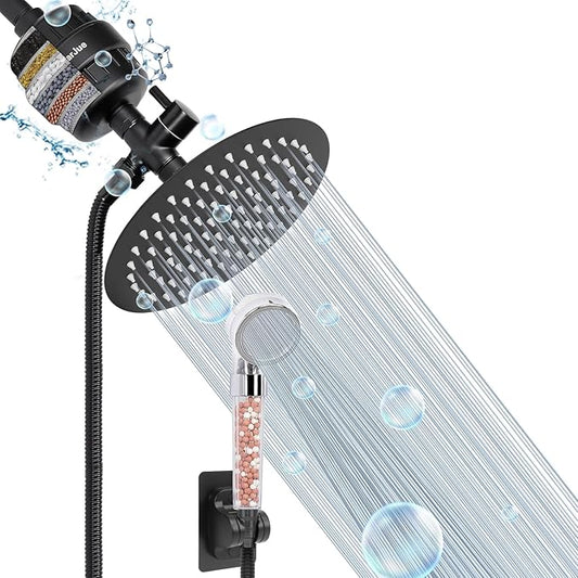 HarJue Filter Shower Head, High Pressure 8 Inch Rainfull with Filter Combo for Hard Water, Remove Chlorine Fluoride and Harmful Substances- 1 Replaceable Filter Cartridge (Round, Matte Black)