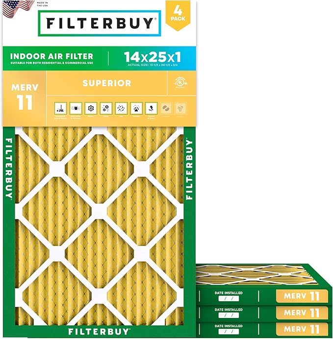 Filterbuy 14x25x1 Air Filter MERV 11 Superior Pet & Allergy Defense (4-Pack), Electrostatic Pleated HVAC AC Furnace Filters Replacement (Actual Size: 13.50 x 24.50 x 0.75)