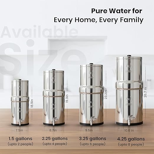 2.25 G Gravity Water Filter System | Dual Carbon Filtration | NSF/ANSI 42 & 372 Certified | Removes 99.9% Lead, PFAS, Chlorine & 200+ Contaminants | Countertop Stainless Steel Water Filter | Portable