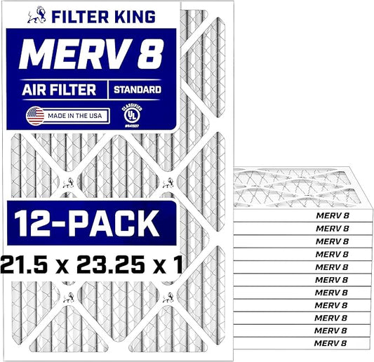 Filter King 21.5x23.25x1 Air Filter (MERV 8) (12-Pack) Dust & Allergy Control AC Furnace Filters, MADE IN USA, HVAC, Pleated, Electrostatic (Actual Size: 21.5 x 23.25 x .75)