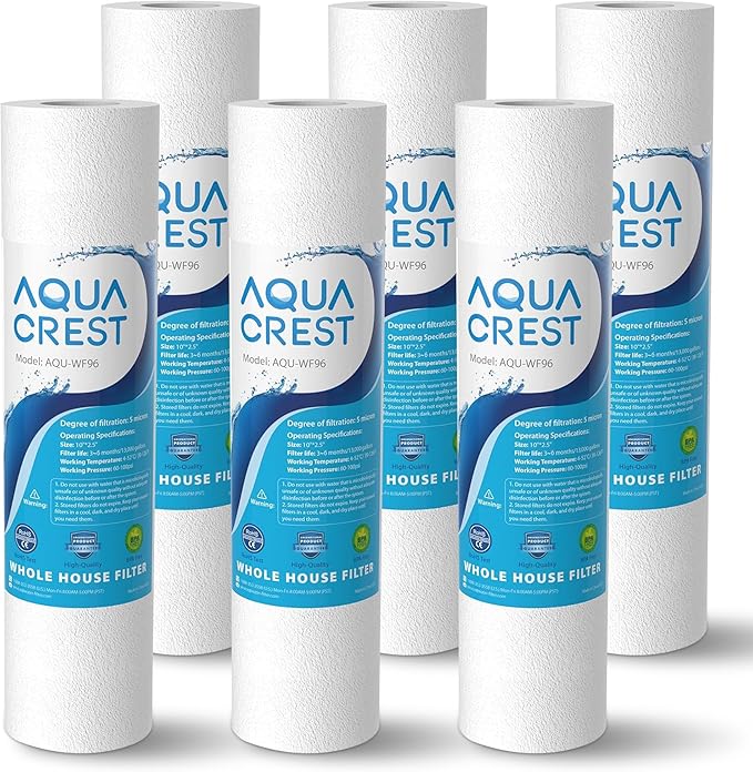 AQUA CREST AP110 Whole House Water Filter, Sediment Filter, 5 Micron, Replacement for 3M® Aqua-Pure AP110, Culligan® P5, APEC, GE FXUSC, Whirlpool®, Any 10" x 2.5" Home Water Filter, Pack of 6