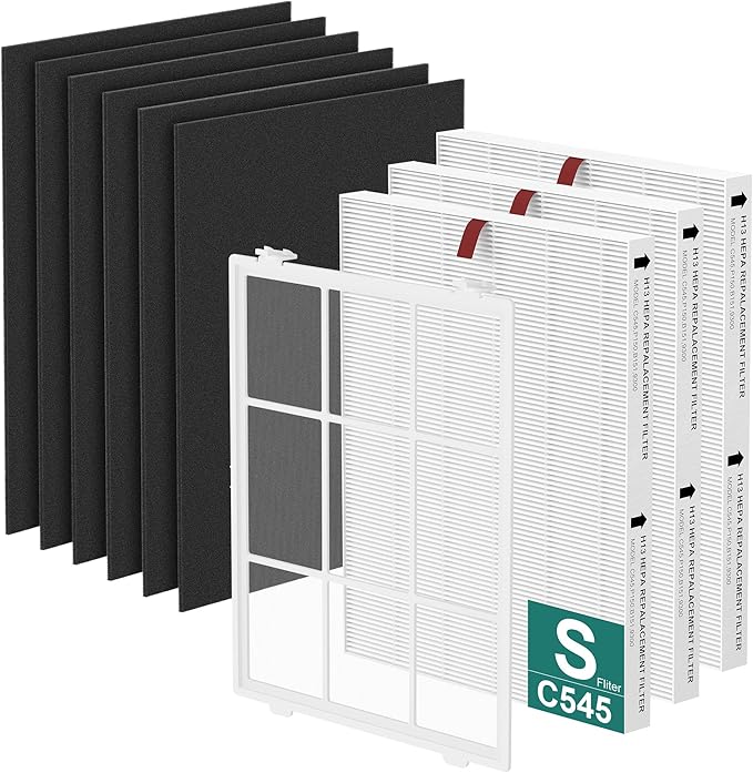 3 Pack C545 Replacement Filter S Compatible with Winix C545 Air Purifi-er, Parts 1712-0096-00 and 2522-0058-00, 3 True HEPA Filters S, 6 Activated Carbon Filters with 1 Washable Pre-Filter