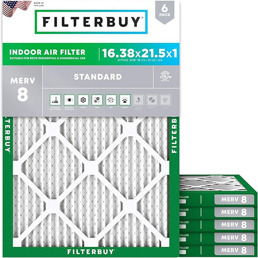 Filterbuy 16.38x21.5x1 Air Filter MERV 8 Essential Dust & Allergy Defense (6-Pack), Electrostatic Pleated HVAC AC Furnace Filters Replacement (Actual Size: 16.50 x 21.50 x 0.75)