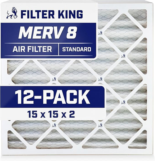 Filter King 15x15x2 Air Filter (MERV 8) (12-Pack) Dust & Allergy Control AC Furnace Filters, MADE IN USA, HVAC, Pleated, Electrostatic (Actual Size: 15 x 15 x 1.75)