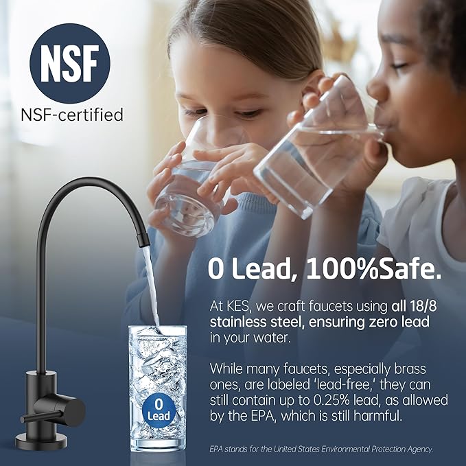KES NSF Certified All Metal Drinking RO Water Faucet for Kitchen Sink, Lead-Free 18/8 Stainless Steel Reverse Osmosis Faucet, Water Filter Faucet for RO Water Filtration System, Non-Air Gap, Black