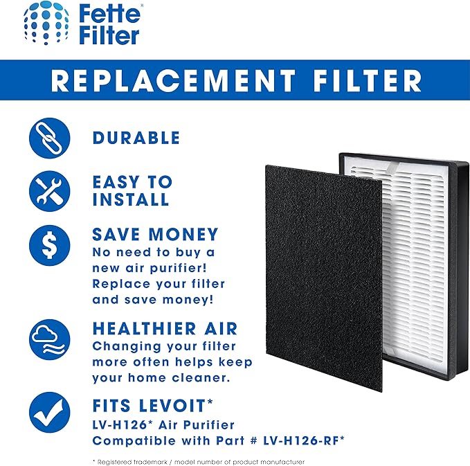 Fette Filter - Premium Air Purifier Replacement Filter Set, Compatible with Levoit LV-H126 Air Purifier (1 Hepa 3 Carbon)