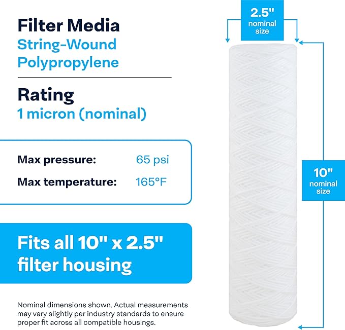 SpiroPure SP-CW1 10x2.5 1 Micron String-Wound Polypropylene Sediment Water Filter Cartridge SWC-25-1001 (Case of 24)