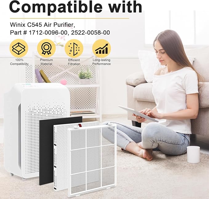 C545 Replacement Filters S Compatible with Winix C545, Replacement for Winix S Filters Part 1712-0096-00 and 2522-0058-00, 2 True HEPA Filter + 8 Activated Carbon Pre-Filter
