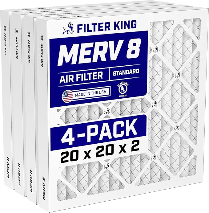 Filter King 20x20x2 Air Filter (MERV 8) (4-Pack) Dust & Allergy Control AC Furnace Filters, MADE IN USA, HVAC, Pleated, Electrostatic (Actual Size: 19.5 x 19.5 x 1.75)