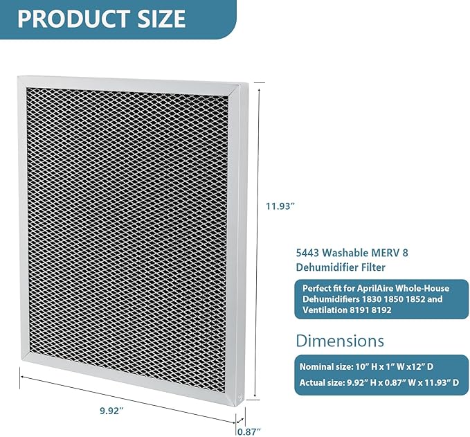 5443 Washable MERV 8 Dehumidifier Filter Compatible with AprilAire Whole-House Dehumidifier Models 1830 1850 1852 and Ventilation Models 8191 8192 10x12x1 inch Replacement Filter 2 Pack