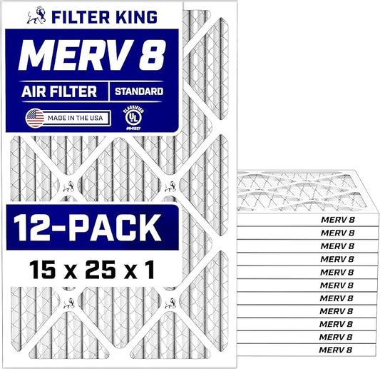 Filter King 15x25x1 Air Filter (MERV 8) (12-Pack) Dust & Allergy Control AC Furnace Filters, MADE IN USA, HVAC, Pleated, Electrostatic (Actual Size: 14.5 x 24.5 x .75)