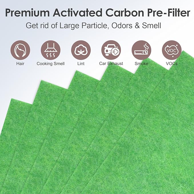 [Toxin Absorber] Activated Carbon Pre-filters Compatible with Coway Airmega AP-1512HH & 200M Air Purifier, Remove Odor, VOCs Eliminator, Fresh Air, Include 12 Self-Stick Strips, Green 6-Pack