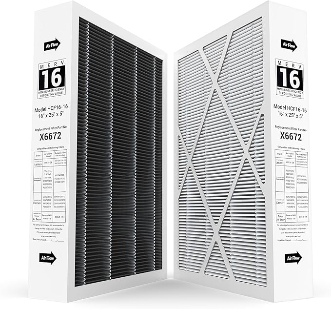 2-pack 6672 16X25X5 MERV 16 Filter Compatible with Lennox 16X25X5 and Lennox HCC16-28 Healthy Climate Carbon Clean MERV 16 Home Furnace Filter for HVAC System, Part # HCF16-16, HCF16-10