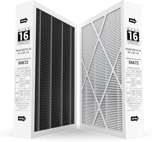 2-pack 6672 16X25X5 MERV 16 Filter Compatible with Lennox 16X25X5 and Lennox HCC16-28 Healthy Climate Carbon Clean MERV 16 Home Furnace Filter for HVAC System, Part # HCF16-16, HCF16-10