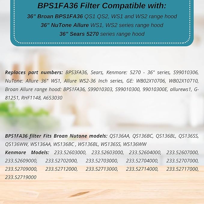 Broan Model BPS1FA36 Range Hood Filter 11-3/4" X 17-1/4" X 3/8" Replacement for NuTone Allure 36" WS1 and Broan QS1 36-Inch Filter Aluminum (2-Pack)