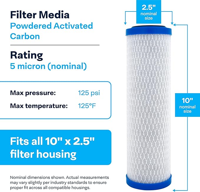 SpiroPure SP-EP-10 10x2.5 5 Micron NSF Certified Coconut Shell Carbon Block Water Filter Cartridge EP-10 155531-43 CB-25-1005 (Case of 12)