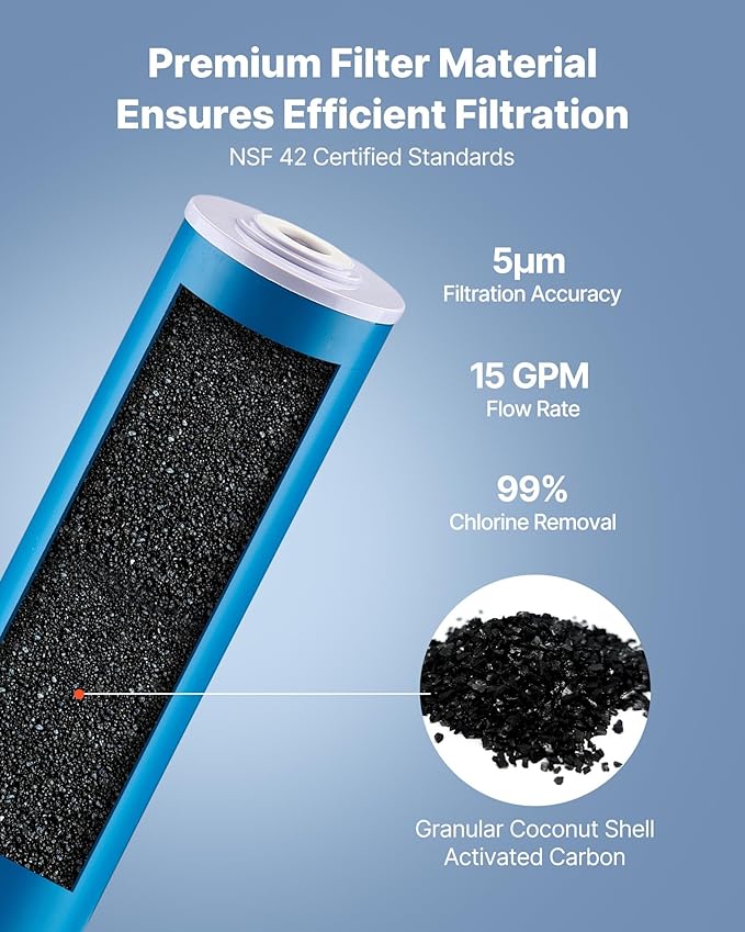 VEVOR GAC Filter, Universal Fit 20 x 4.5 in Granular Activated Carbon Replacement - for Whole House Water Filter Systems, Reduces Chlorine, Chemicals, VOCs, Bad Taste & Odor