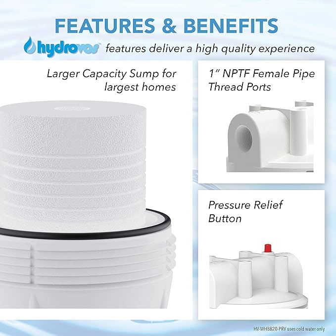 HYDROVOS 20-Inch Heavy Duty Water Filter Housing, NSF Certified, 1” NPTF Port, Pressure Relief Button, Use for 20" x 4.5" Whole House Water Filtration System to Reduce Sediment, Filter Not Included
