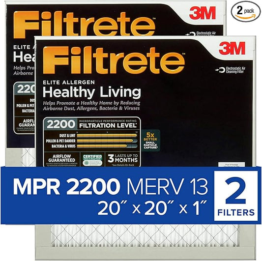 Filtrete 20x20x1 AC Furnace Air Filter, MERV 13, MPR 2200, Elite Allergen, Bacteria & Virus Filter, 3-Month Pleated 1-Inch Electrostatic Air Cleaning Filter, 2-Pack (Actual Size 19.719x19.719x0.78 in)