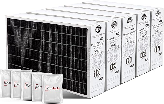 Lennox 16x25x5 Furnace Filter, X6672 Filter Replacement, Merv 16 Carbon Clean with Homequip Disposal Bag 5-Pack (Actual Size: 15.8 x 24.8 x 4.3 Inches)
