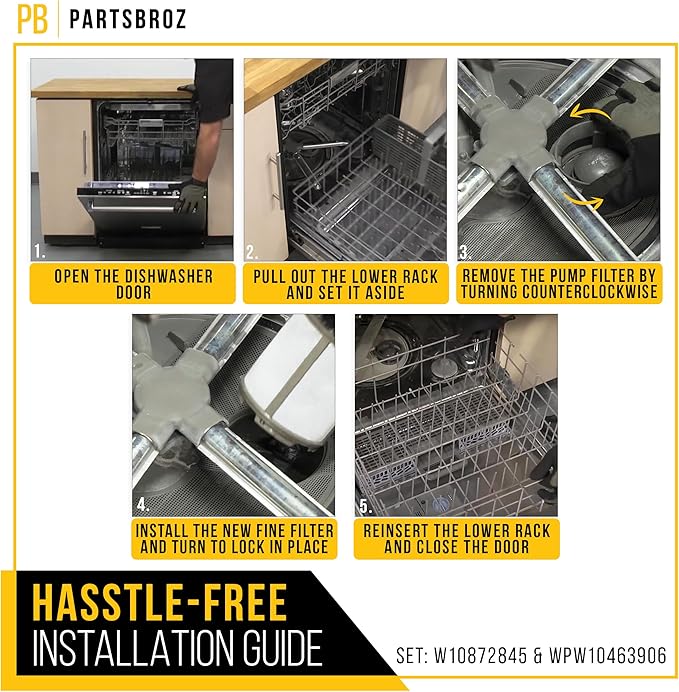 PartsBroz W10872845 Pump Filter & WPW10463906 Screen Filter - Compatible with Whirlpool Kenmore KitchenAid Dishwasher - Replaces AP6030094 PS11759673 W10393351 AP6021820 PS11755148 2312301