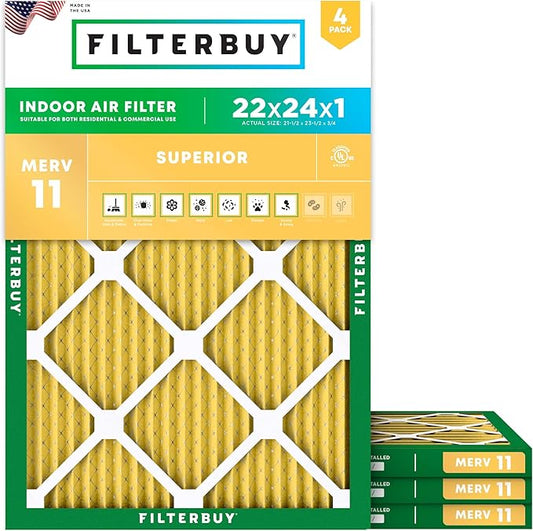 Filterbuy 22x24x1 Air Filter MERV 11 Superior Pet & Allergy Defense (4-Pack), Electrostatic Pleated HVAC AC Furnace Filters Replacement (Actual Size: 21.50 x 23.50 x 0.75)