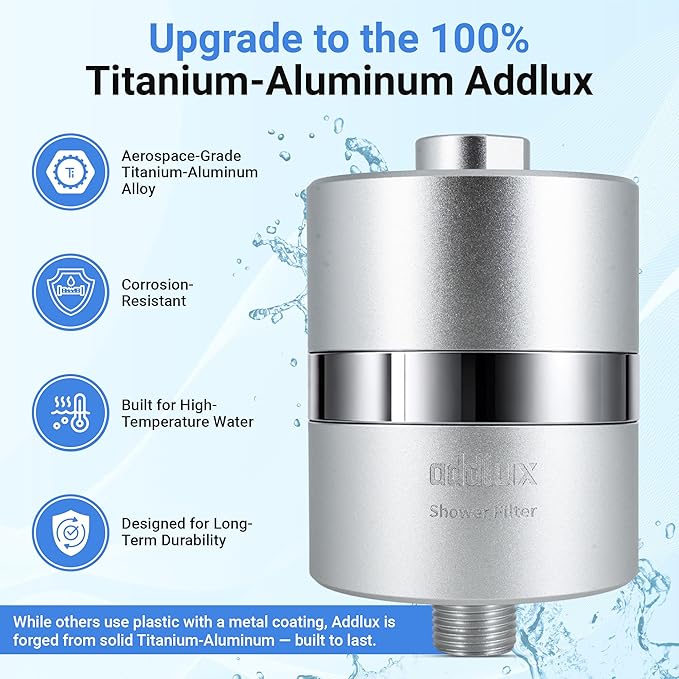 ADX-PRO-7 Long Lasting Titanium Aluminum Shower Filter – Independently Tested to NSF/ANSI 177 Standards, Reduces 99% Chlorine & Heavy Metals, Water Softener Filter (chrome, 1 Filter & Tool Kit)