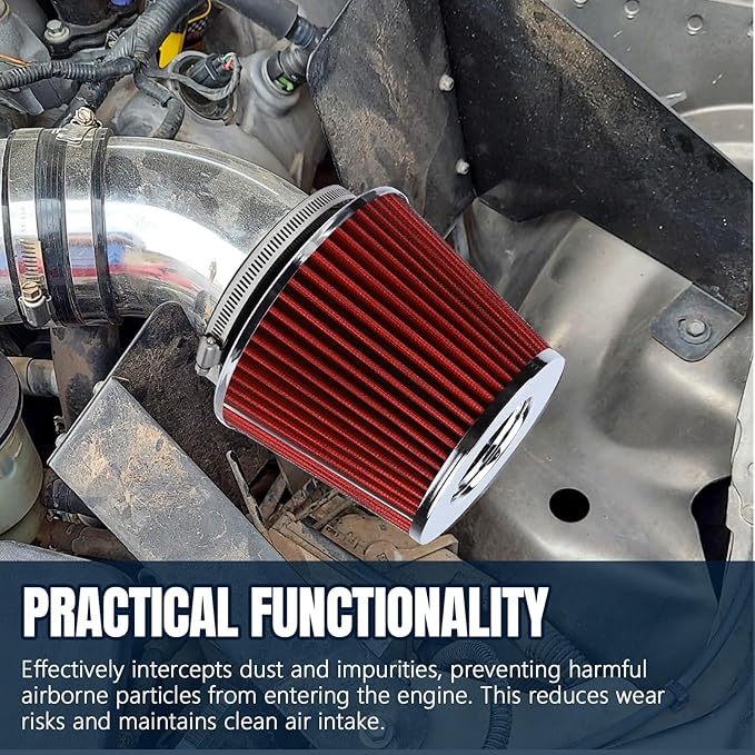 Hovom Universal Clamp-On Air Intake Filter, 76 89 102MM (3/3.5/4in) High Flow Round Tapered Cold Air Intake Filter, High Performance, Washable & Reusable, Engine Filters Replacement (Red)