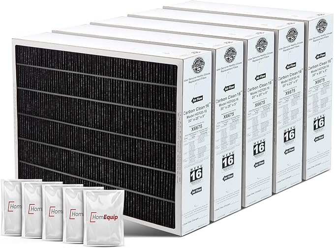 Lennox 20x25x5 Furnace Filter, X6675 Filter Replacement, Merv 16 Carbon Clean Filter Media with Homequip Disposal Bag 5-Pack (Actual Size: 19.8 x 24.8 x 4.3 Inches)