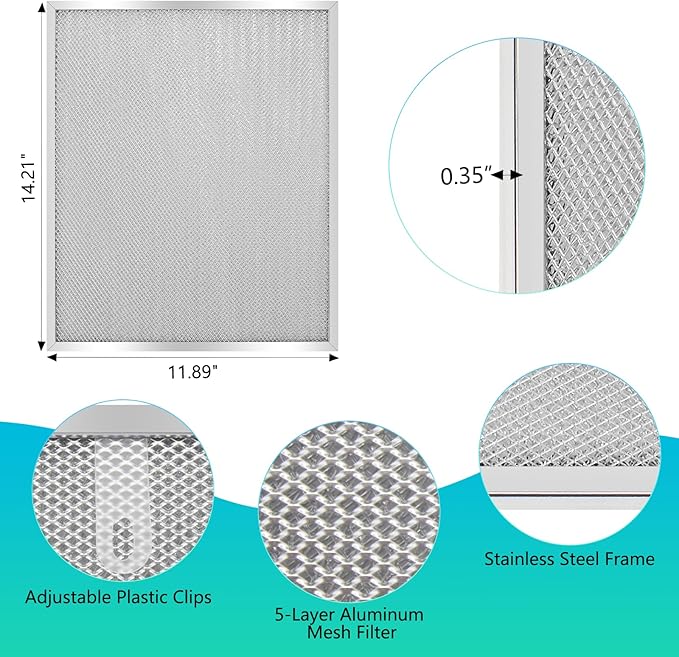 BPS1FA30 Universal Range Hood Filter Replacement 14.21"x11.89"x035" - Aluminum Frame & Mesh - Heavy Duty Grease Filter - 2 Pack