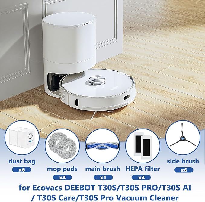 21 Pack T30S Replacement Parts for ECOVACS DEEBOT T30S /T30S AI /T30S AI Care /T30S Pro /T30S AI Robot Vacuum Accessories Kit with 1 Main Brush, 4 HEPA Filters, 4 Mop Pads, 6 Dust Bags, 6 Side Brushes