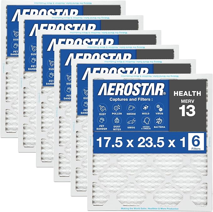 Aerostar 17.5x23.5x1 MERV 13 Air Filter, Pleated AC Furnace HVAC Filters (17.5x23.5x1), for Allergies Asthma Dust Pet Dander Pollen Smoke Bacteria, MPR 1200 FPR 7, USA, 6 Pack