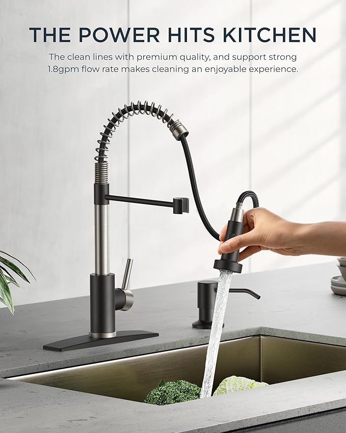 FORIOUS Kitchen Faucet with Pull Down Sprayer, Stainless Steel Commercial Single Handle Classic Spring Pull Out Sink Faucet for Pot Filler, Farmhouse Camper Bar Laundry Room, Black Brushed