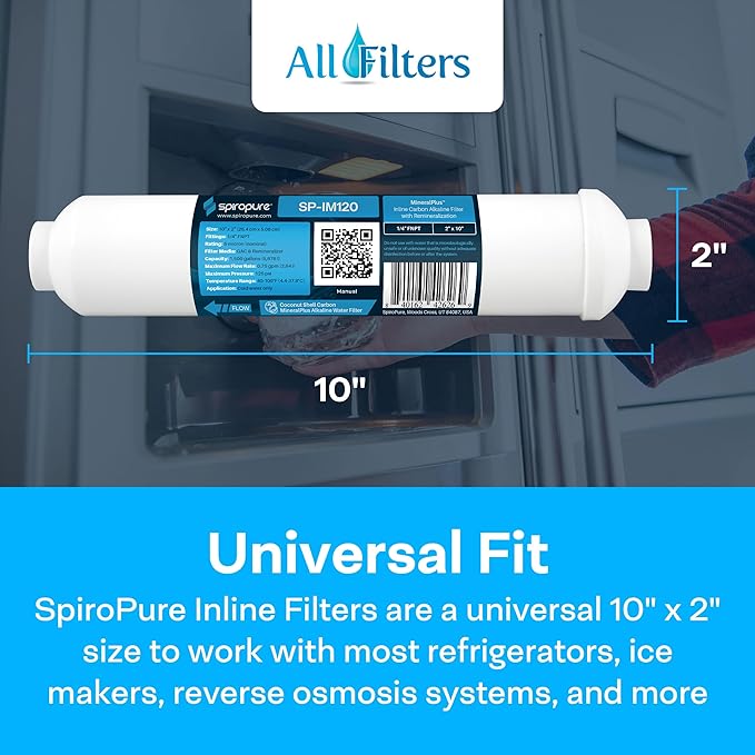 SpiroPure SP-IM120 Inline Alkaline Carbon Water Filter, MineralPlus Remineralization Filter with 1/4" FNPT 2” x 10”, Remineralizing for RO System, Refrigerators (25 Pack)