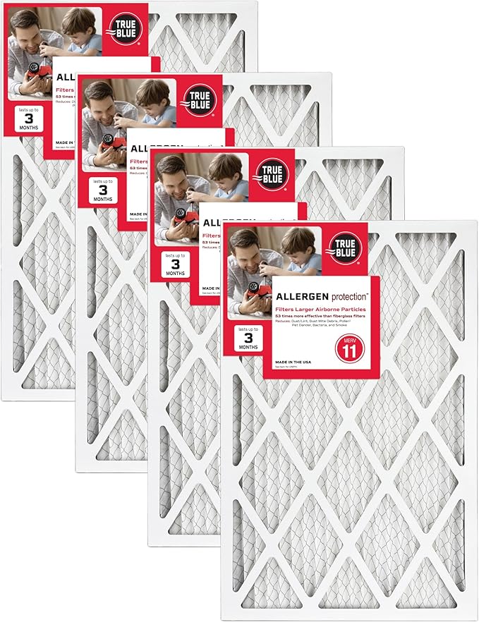 True Blue 12x30x1 MERV 11 Allergen Air Filter (4-Pack) | Electrostatic Pleated HVAC Furnace Air Filter | Replacement Filter for Home Use | Made in USA