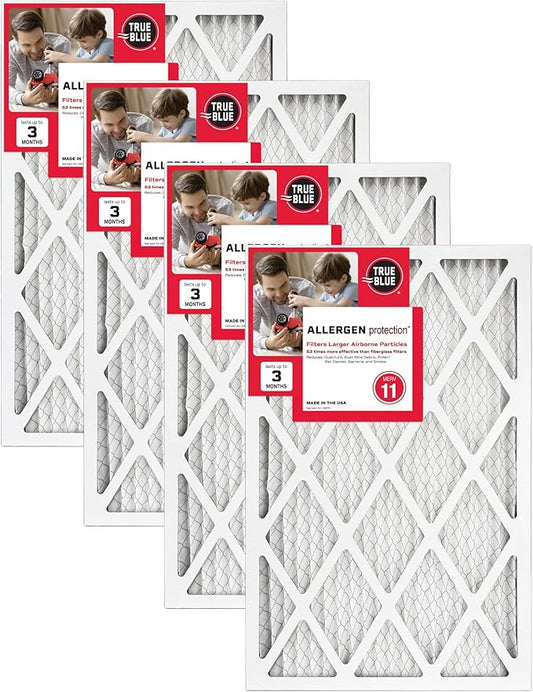 True Blue 12x30x1 MERV 11 Allergen Air Filter (4-Pack) | Electrostatic Pleated HVAC Furnace Air Filter | Replacement Filter for Home Use | Made in USA