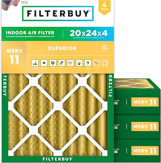 Filterbuy 20x24x4 Air Filter MERV 11 Superior Pet & Allergy Defense (4-Pack), Electrostatic Pleated HVAC AC Furnace Filters Replacement (Actual Size: 19.38 x 23.38 x 3.63)