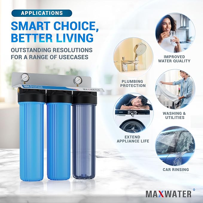 Max Water Whole House Water Filtration System, 3-Stage Pre-Filtration with Sediment, GAC & CTO Carbon Filters, Reduce Odor, Chlorine, Taste, 1-inch Inlet/Outlet