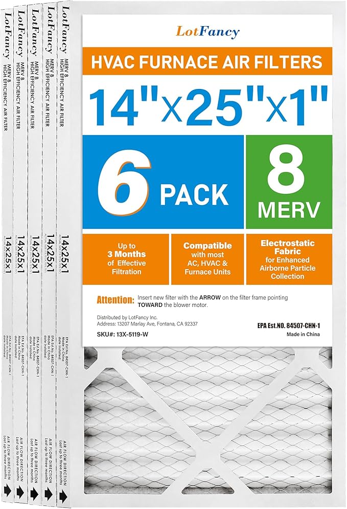 LotFancy 14x25x1 Air Filter MERV 8 6-Pack, Electrostatic Pleated Furnace & AC Filter, Captures Dust, Pet Hair, Pollen, Actual Size: 13.75"x24.75"x0.75"