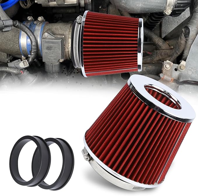 Hovom Universal Clamp-On Air Intake Filter, 76 89 102MM (3/3.5/4in) High Flow Round Tapered Cold Air Intake Filter, High Performance, Washable & Reusable, Engine Filters Replacement (Red)