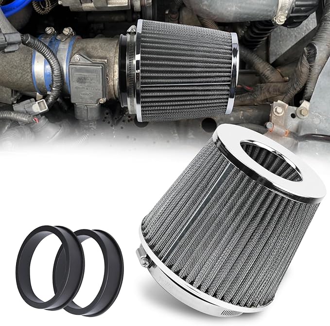 Hovom Universal Clamp-On Air Intake Filter, 76 89 102MM (3/3.5/4in) High Flow Round Tapered Cold Air Intake Filter, High Performance, Washable & Reusable, Engine Filters Replacement (Silver)