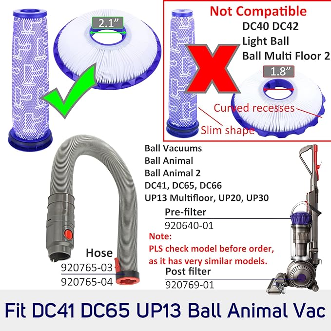 Hose Filter Replacement for Dyson DC41 DC65 DC66 UP13 UP20 UP30 Upright Vacuums, Pre-Filter 920640-01, Post Filter 920769-01/03, Hose 920765-03/04