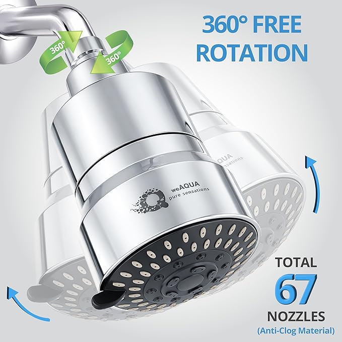 weAQUA Heavy Duty Filtered Shower Head – High Pressure 5 Spray Modes, Dermatologist Recommended for Softer-Feeling Skin & Hair, Advanced 99% Removal of Chlorine, Fluoride & Heavy Metals
