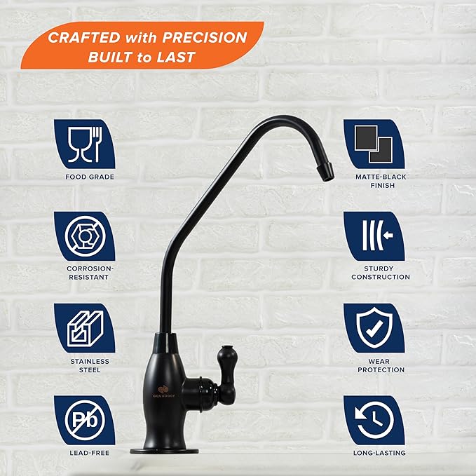 Aquaboon RO Water Filter Faucet - Black, Stainless Steel, 304, Brushed, 1-Handle, 360 Swivel, Classic, Deck Mount, Single Hole, for Kitchen