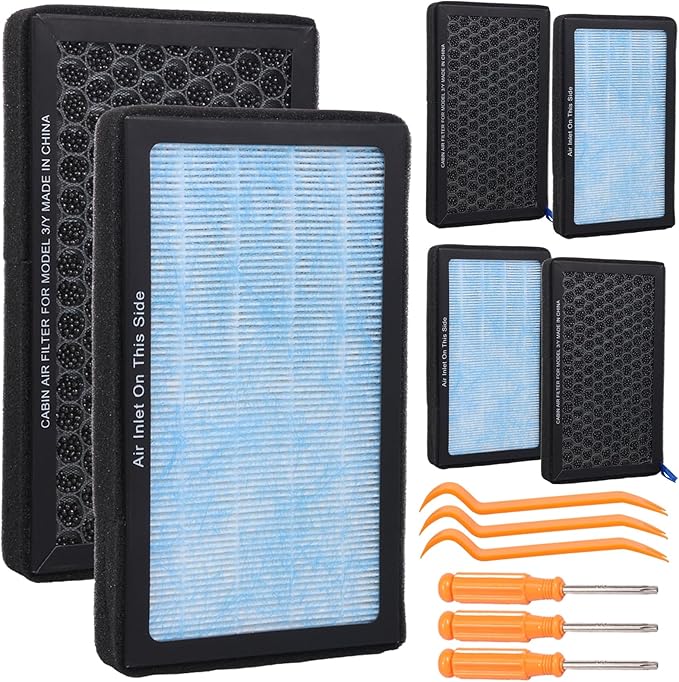6 Pack Tesla Model 3 Model Y Cabin Air Filter, HEPA Cabin Air Filter with Activated Carbon 4-Stage Filtration, Replacement for 2016-2025 Tesla Model 3/Y, Includes 3 Wrenches & 3 Pry Bars