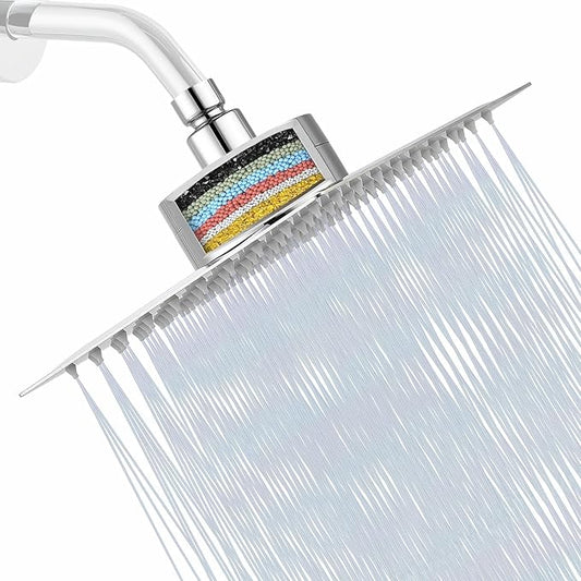 Filtered Shower Head, Stainless Steel High Pressure Shower Head with 15 Stage Hard Water Filter Cartridge for Remove Chlorine and Harmful Substances(Chrome,8")