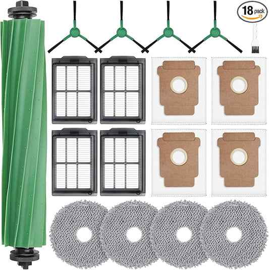 18 Pcs Replacement Parts for iRobot Roomba Plus 405 Combo / 505 Combo / 507 Combo Robot Vacuum Cleaner, Include 1 Main Brush, 4 Dust Bags, 4 Mop Pads, 4 Filters, 4 Side Brushes and 1 Cleaning Tool