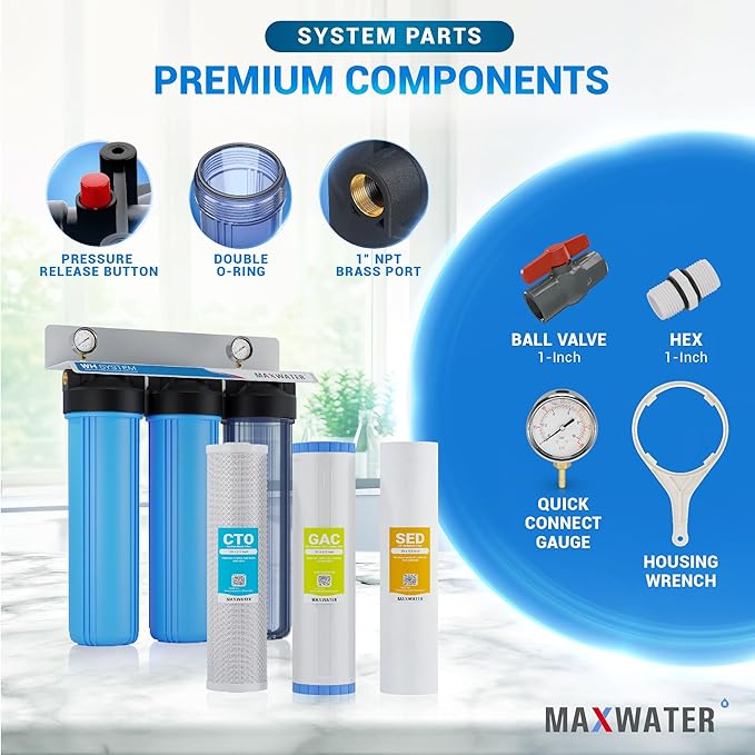 Max Water Whole House Water Filtration System, 3-Stage Pre-Filtration with Sediment, GAC & CTO Carbon Filters, Reduce Odor, Chlorine, Taste, 1-inch Inlet/Outlet