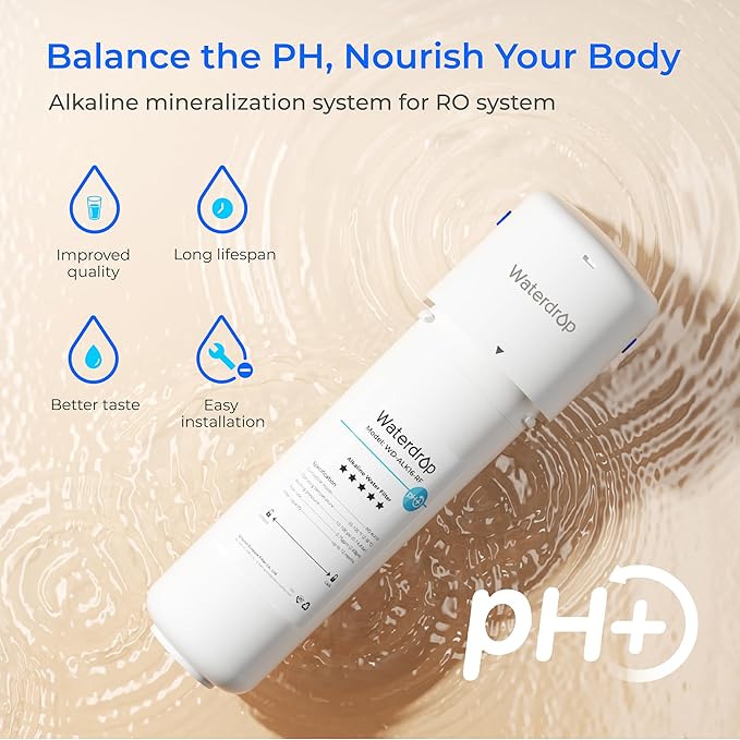 Waterdrop ALK16 Alkaline Water Filter System for Sink, Mineralizing Water, NSF/ANSI 372 Certified, Compatible with Reverse Osmosis Systems, Under Sink Installation